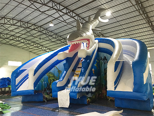 Double Lane Shark Kid Pools With Slides Inflatable Water Slide