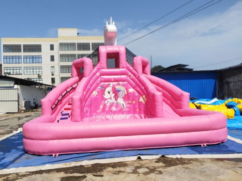 Unicorn Bounce Land Double Water Slide With Splash Pool