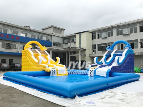 Commercial Mobile Land dolphin Inflatable Ground Water Park with Pool Slide For kids and Adults